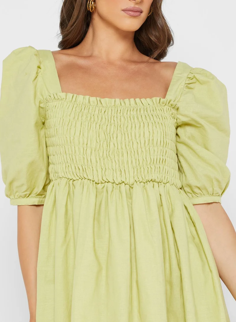 GLAMOROUS Broad Neck Pleat Detail Shirred Dress