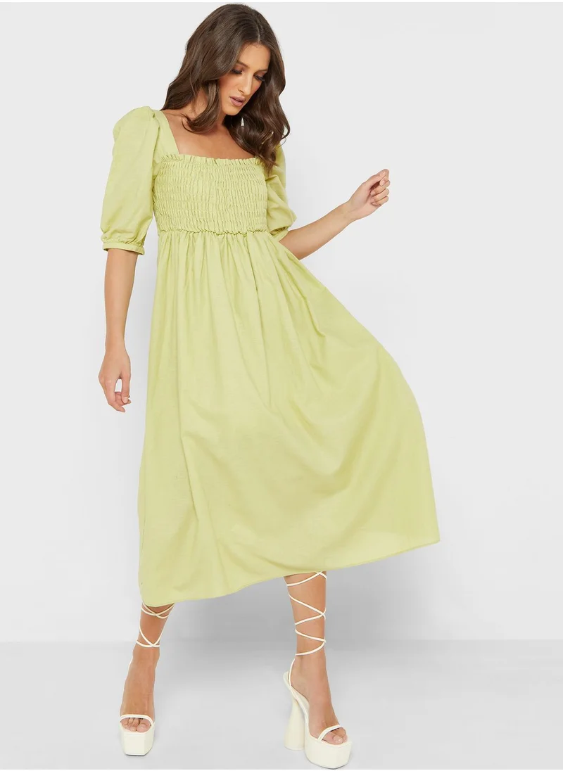 GLAMOROUS Broad Neck Pleat Detail Shirred Dress