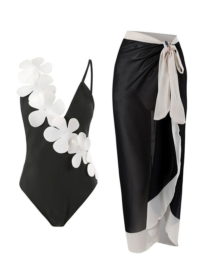 Generic - 2pcs one piece swimsuit lace up swimsuit maxi skirt swimsuit set - Image 1