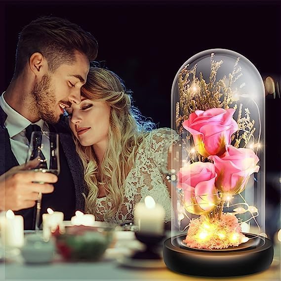 JRS TRADERS Rose Flower Gifts for WomenBirthday WomenColorful Rainbow Artificial Light Up in Acrylic DomeWomen GiftsValentinesAnniversaryWedding Rose Flower Gift Natural - Image 2