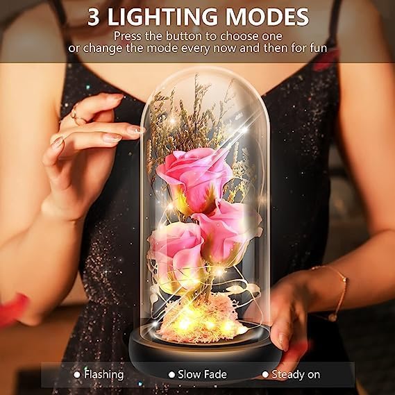 JRS TRADERS Rose Flower Gifts for WomenBirthday WomenColorful Rainbow Artificial Light Up in Acrylic DomeWomen GiftsValentinesAnniversaryWedding Rose Flower Gift Natural - Image 4