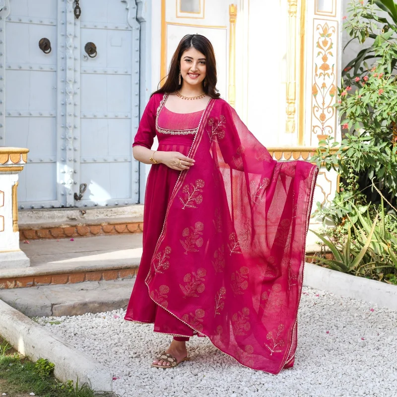 GoSriKi Women's Rayon Blend Anarkali Embroidered Kurta with Pant & Dupatta (APARNAA PINK-GS_L_Pink_Large)