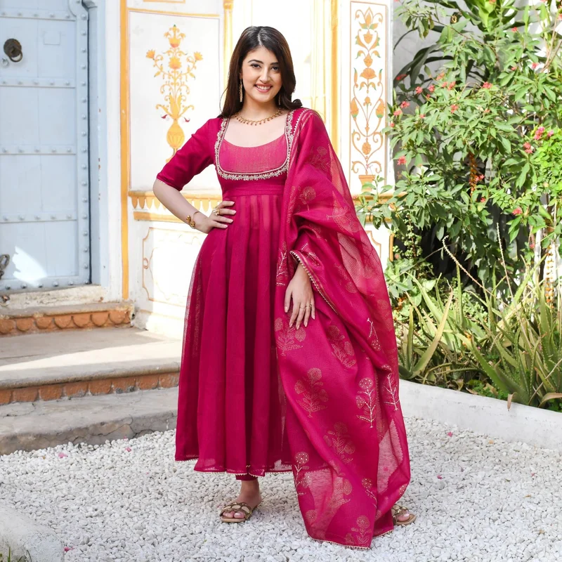 GoSriKi  GoSriKi Women's Rayon Blend Anarkali Embroidered Kurta with Pant & Dupatta (APARNAA PINK-GS_L_Pink_Large) for Women | Best Price UAE