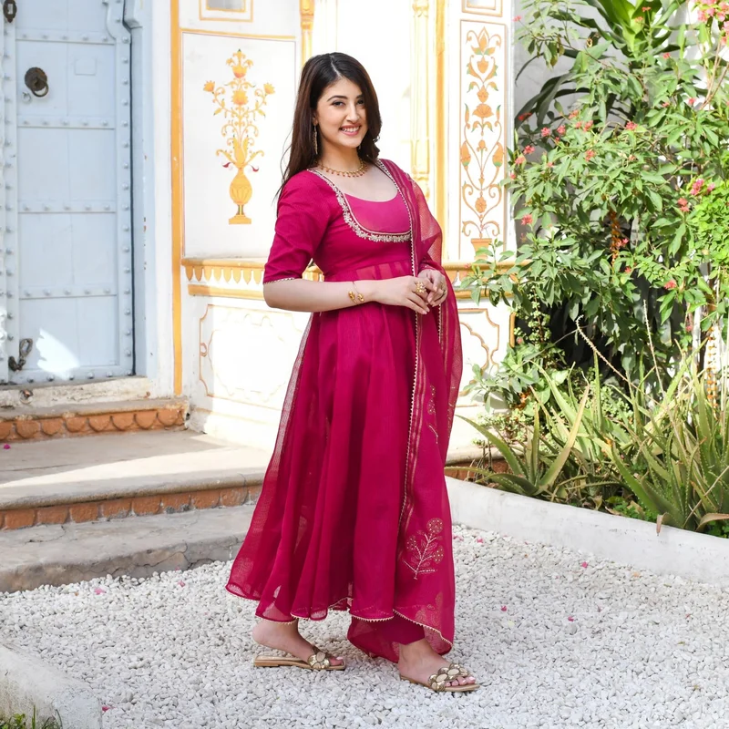 GoSriKi  GoSriKi Women's Rayon Blend Anarkali Embroidered Kurta with Pant & Dupatta (APARNAA PINK-GS_L_Pink_Large) for Women | Best Price UAE