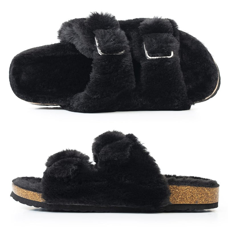 FITORY Womens Open Toe Slipper with Cozy Lining,Faux Rabbit Fur Cork Slide Sandals Black Size 9 - Image 3