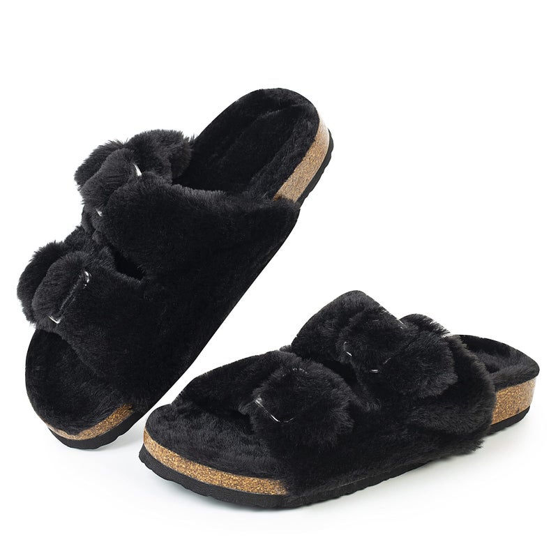 FITORY Womens Open Toe Slipper with Cozy Lining,Faux Rabbit Fur Cork Slide Sandals Black Size 9 - Image 1