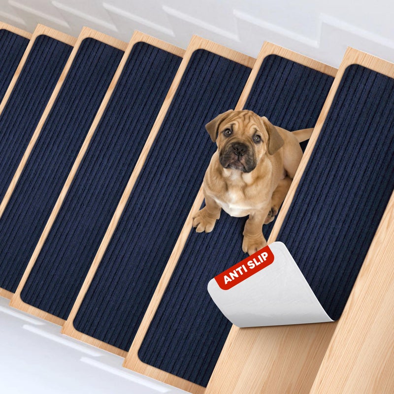 MBIGM 8 X 30 15 in Pack NonSlip Carpet Stair Treads NonSkid Safety Rug Slip Resistant Indoor Runner for Kids Elders Pets with Reusable Adhesive Navy Carpet Pads for Stairs