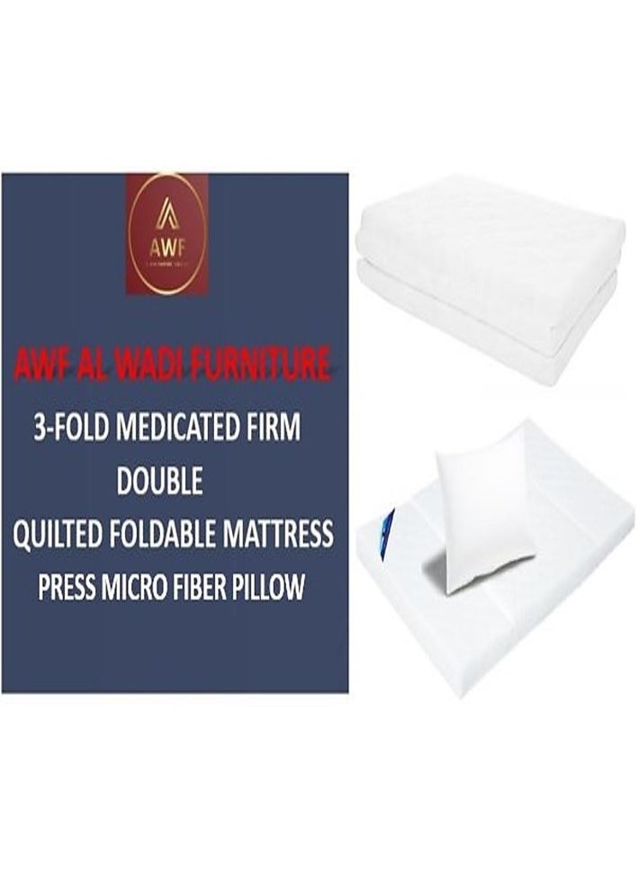 AL WADI FURNITURE AWF Al Wadi Furniture Double Medicated Floral White Quilted Portable Tri-Fold Mattress with Press Micro Fiber Pillow for Home,Guest,Office,Car,Sofa,Chair,Bed - 180L x 120W x 8H cm  - Image 2