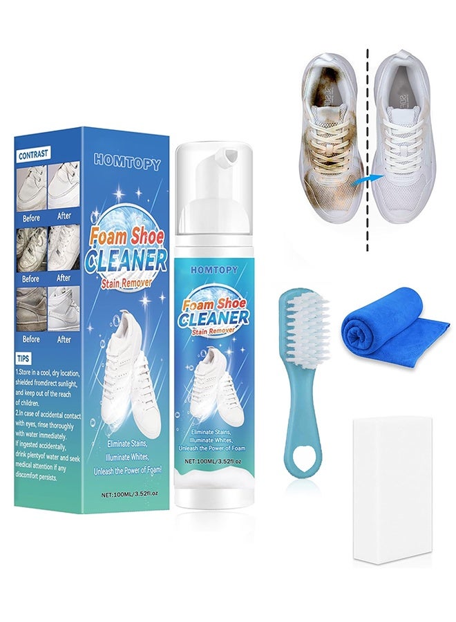 HOMTOPY 100ml White Shoe Cleaner, Shoe Cleaning Kit with Brush and Towel, Sneaker Cleaner Works on Leather, Knit, Canvas, PU - Image 1