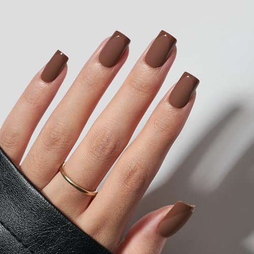 BTArtbox Press on Nails Short Square - Brown Nails with Glossy French Tips in A Matte Finish, Soft Gel Fake Nails Glue On Nails in 16 Sizes for Gift, Coffee Toffee - Image 1