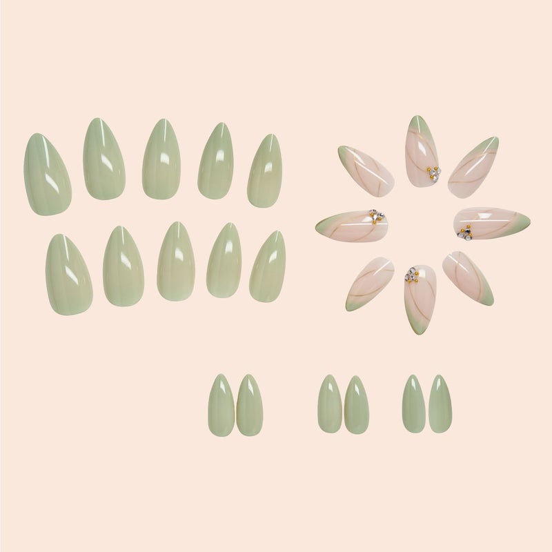 CTTHNBD Almond Press on Nails Medium - Green Fake Nails with Gold Line Design - Full Cover Stick on False Nails for Women 24 Pcs - Image 4