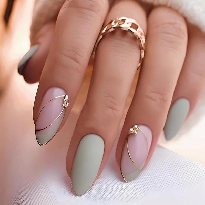 CTTHNBD Almond Press on Nails Medium - Green Fake Nails with Gold Line Design - Full Cover Stick on False Nails for Women 24 Pcs - Image 1