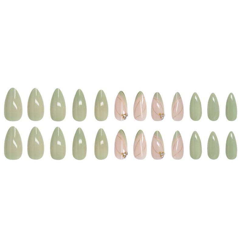 CTTHNBD Almond Press on Nails Medium - Green Fake Nails with Gold Line Design - Full Cover Stick on False Nails for Women 24 Pcs - Image 3