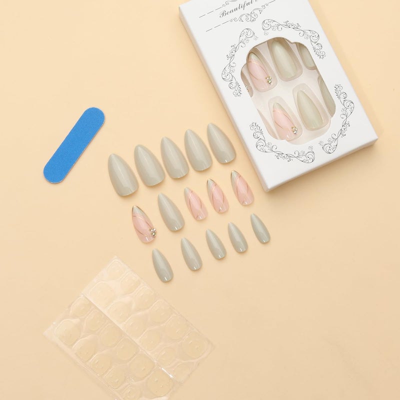 CTTHNBD Almond Press on Nails Medium - Green Fake Nails with Gold Line Design - Full Cover Stick on False Nails for Women 24 Pcs - Image 5