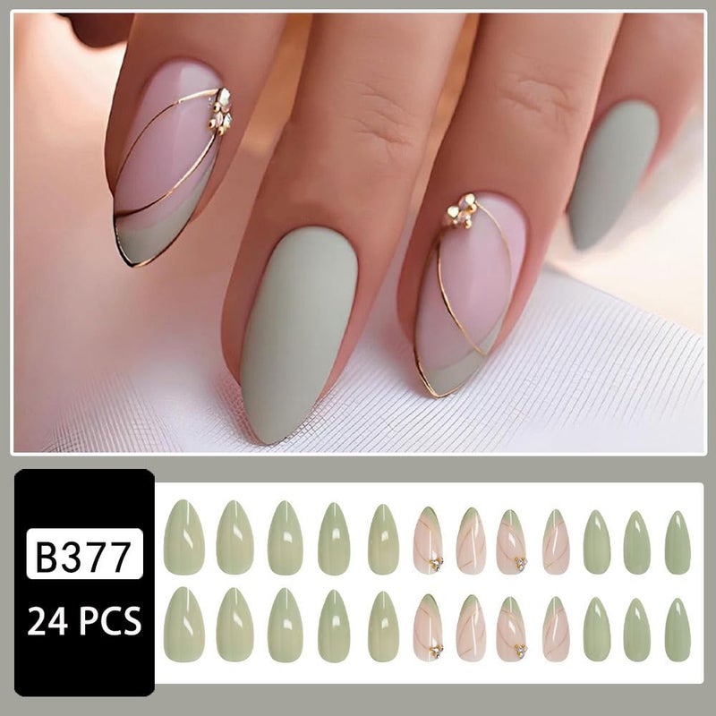CTTHNBD Almond Press on Nails Medium - Green Fake Nails with Gold Line Design - Full Cover Stick on False Nails for Women 24 Pcs - Image 2