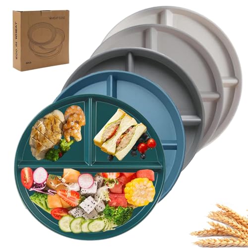 PUPOPIK 9" Unbreakable Divided Plates Set of 5, Wheat Straw Plate Reusable Dinnerware Portion Control Plate, Round Bariatric Plastic Plate for Kids Adults, BPA-free, Dishwasher Safe - Image 1