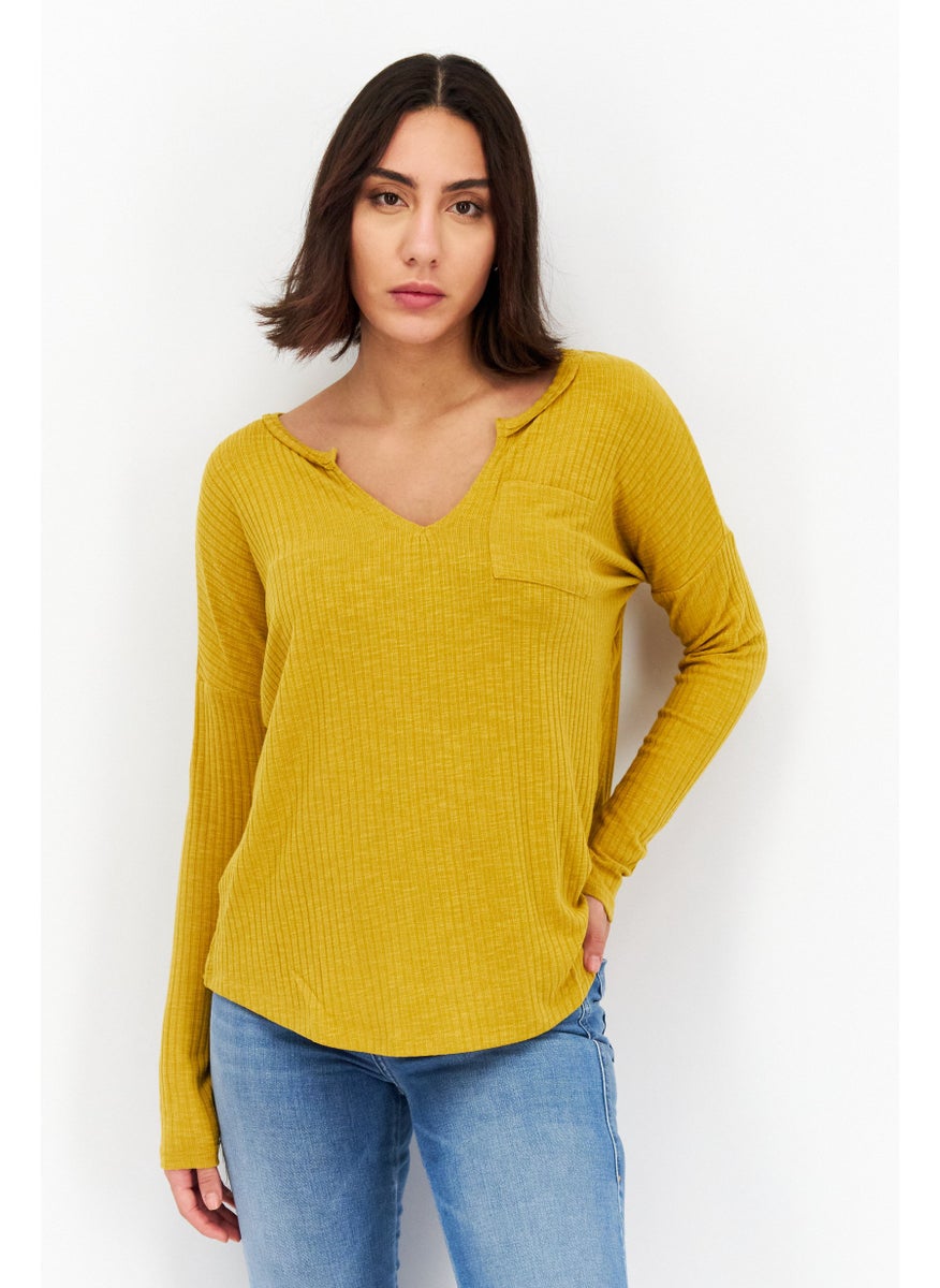 Endless Blu - Women Split Neck Long Sleeves Plain T-Shirt, Mustard - Image 1