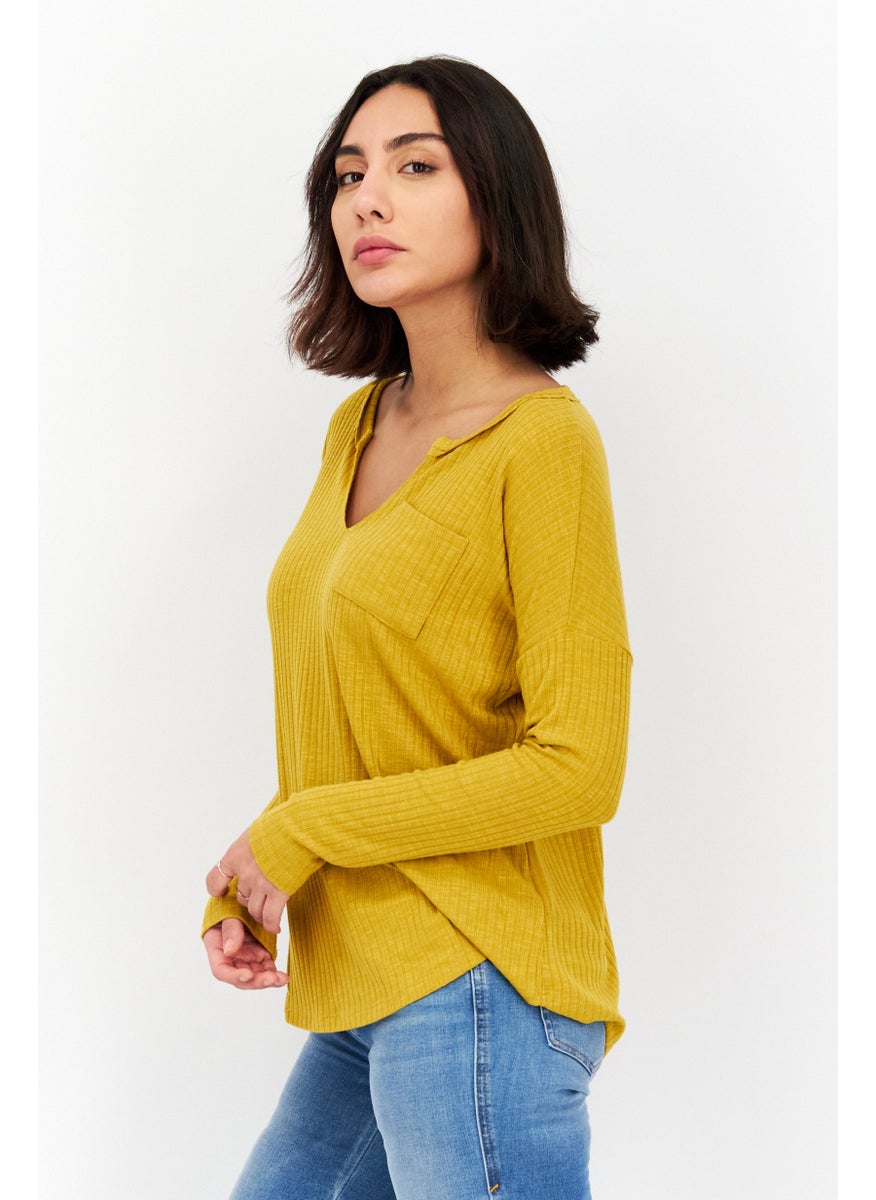 Endless Blu - Women Split Neck Long Sleeves Plain T-Shirt, Mustard - Image 1