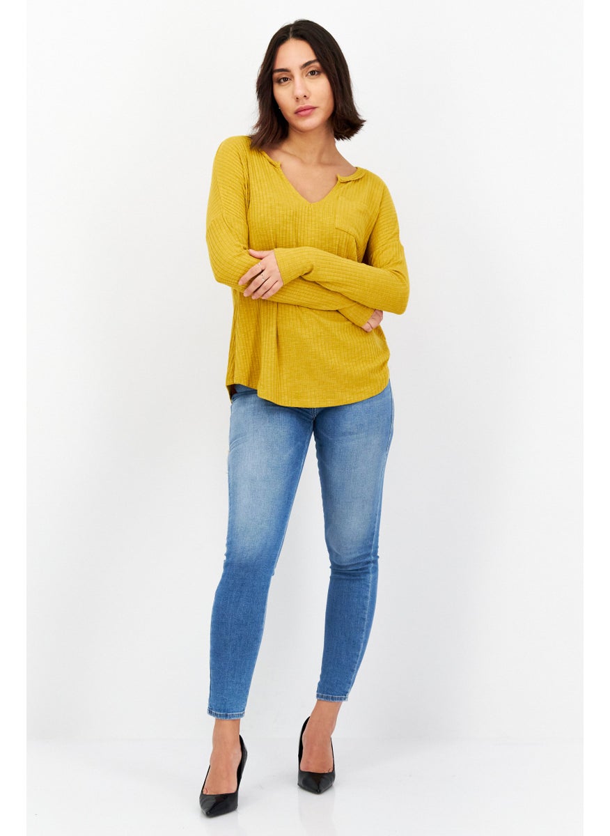 Endless Blu - Women Split Neck Long Sleeves Plain T-Shirt, Mustard - Image 1