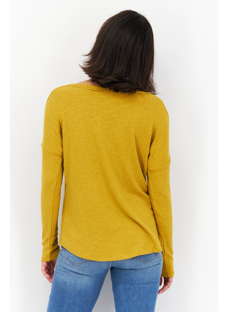Endless Blu - Women Split Neck Long Sleeves Plain T-Shirt, Mustard - Image 1