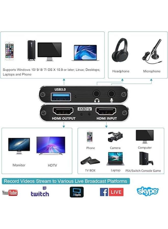 USB 3.0 Game Video Capture Card 1080P 60fps HD Recorder with 3.5mm Audio Input Output Jack Ports for Live Streaming PC Mac Console - Image 3