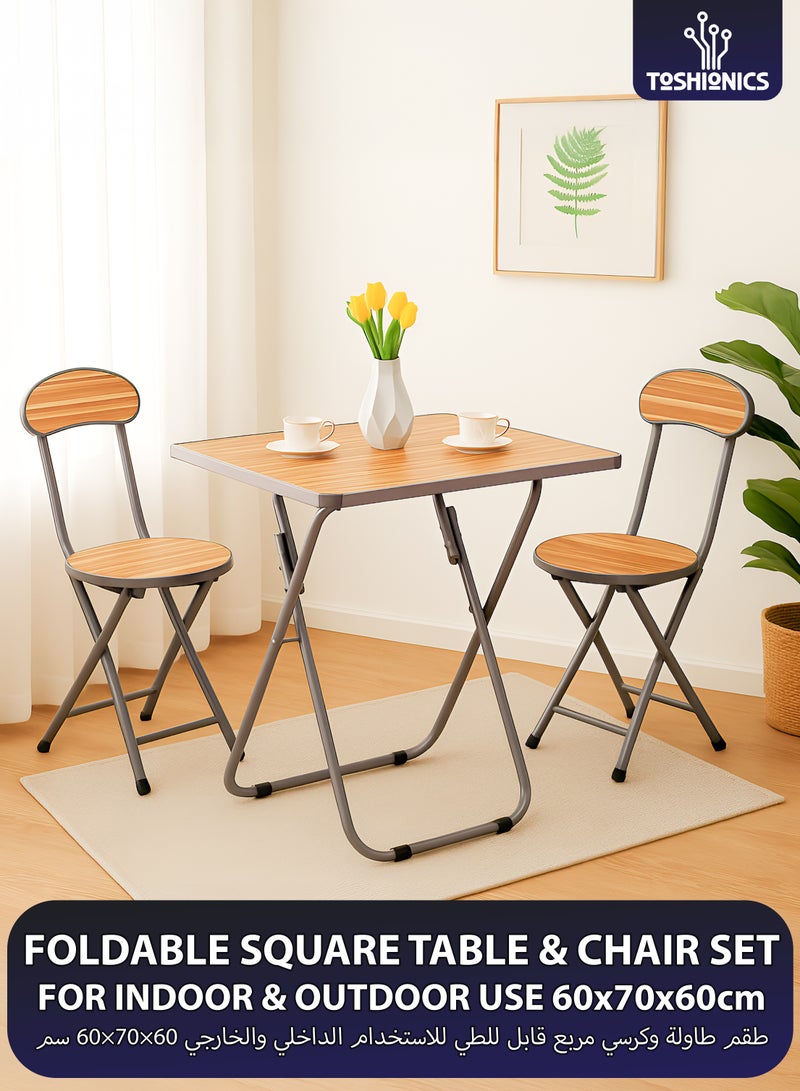 توشيونيكس مجموعة من 3 قطع من طاولة مربعة خشبية قابلة للطي وكرسيين قابلين للطي وإطار معدني للإفطار والكمبيوتر المحمول ومكتب العمل والمطبخ والشرفة والمنزل وتناول الطعام في الأماكن المغلقة والمفتوحة والنزهة على الشاطئ والتخييم في الصحراء - Image 1