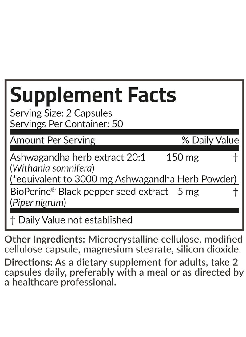 Ashwagandha Extra Strength Stress & Mood Support with BioPerine 100 Capsules 50 Servings