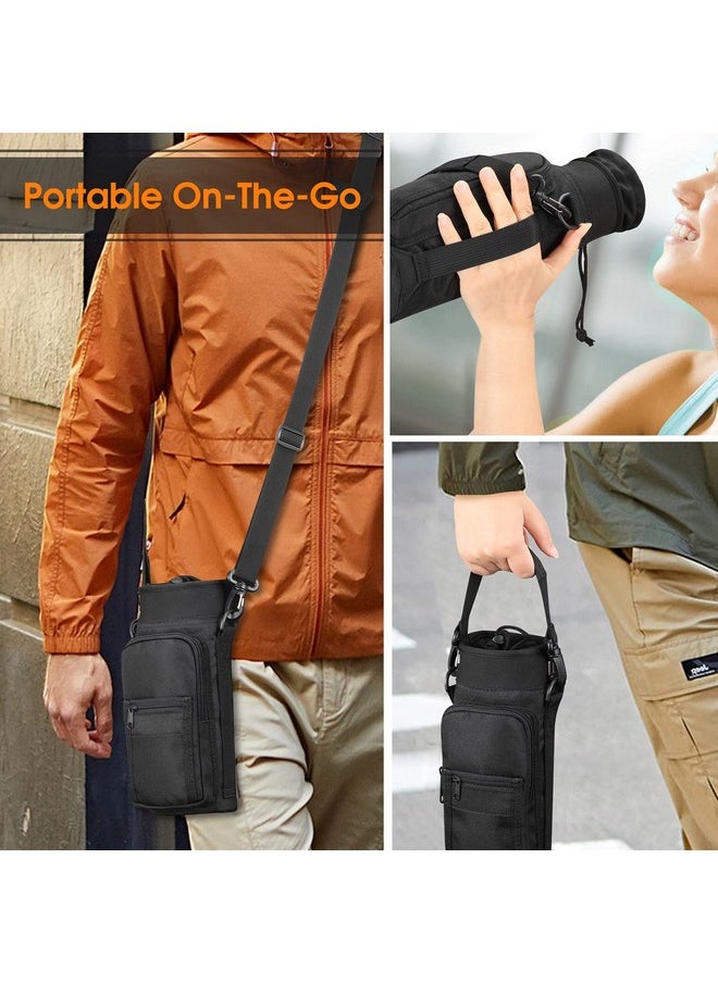 SITHON - SITHON Water Bottle Carrier Bag with Adjustable Shoulder Strap, Sports Water Bottle Sling Case Holder Sleeve Pouch with 2 Pockets/Hand Strap for Hiking Travelling School Camping (Black) - Image 1