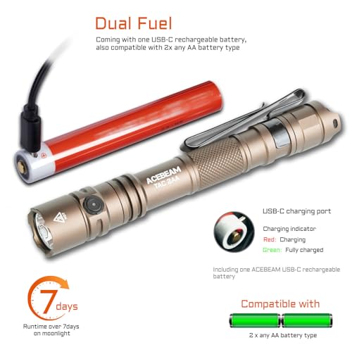 ACEBEAM TAC 2AA EDC Tactical Dual Modes Flashlight Rechargeable, 1400 High Lumens Flashlight, Dual Switch Pocket LED Flashlight, Super Bright Small Flash Light for Emergency, Camping, Home(SFT-25R HI) - Image 5