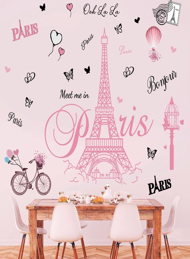 Datesno Pink Paris Wall Stickers Bicycle Hot Air Balloon Eiffel Tower Wall Decals Peel and Stick Paris Tower Decor Wall Art Sticker for Bedroom Living Room Sofa Backdrop TV - Image 2
