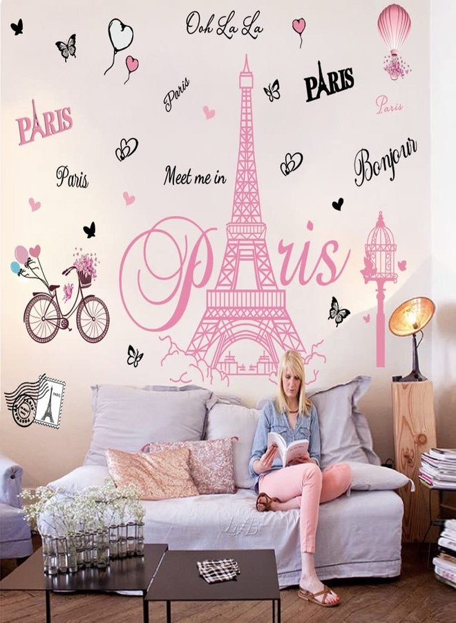 Datesno Pink Paris Wall Stickers Bicycle Hot Air Balloon Eiffel Tower Wall Decals Peel and Stick Paris Tower Decor Wall Art Sticker for Bedroom Living Room Sofa Backdrop TV - Image 4