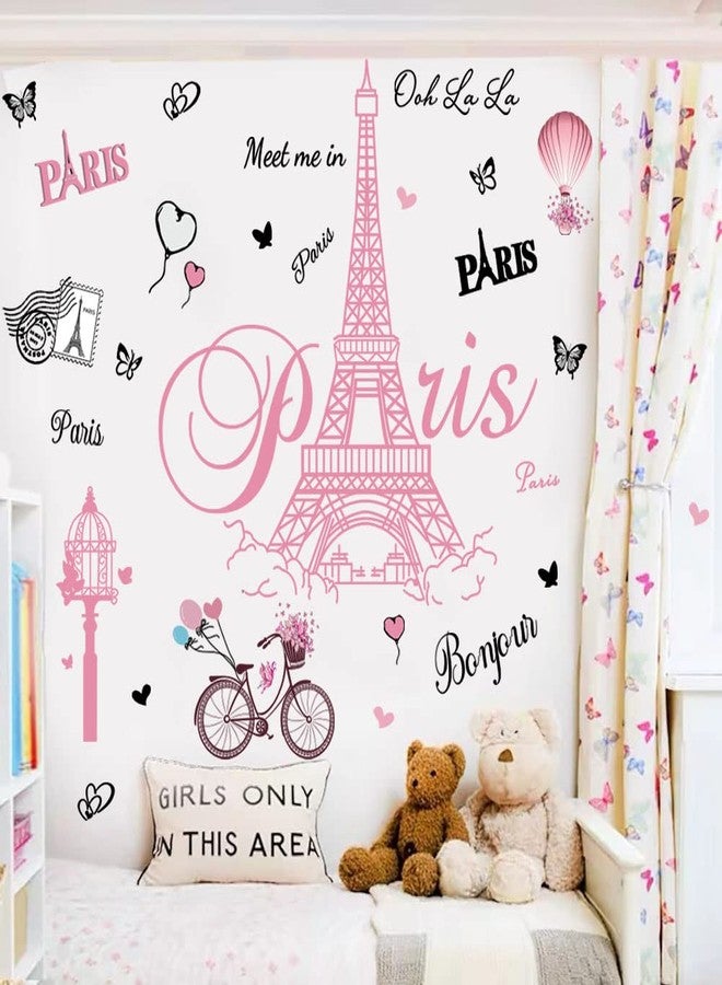 Datesno Pink Paris Wall Stickers Bicycle Hot Air Balloon Eiffel Tower Wall Decals Peel and Stick Paris Tower Decor Wall Art Sticker for Bedroom Living Room Sofa Backdrop TV - Image 5