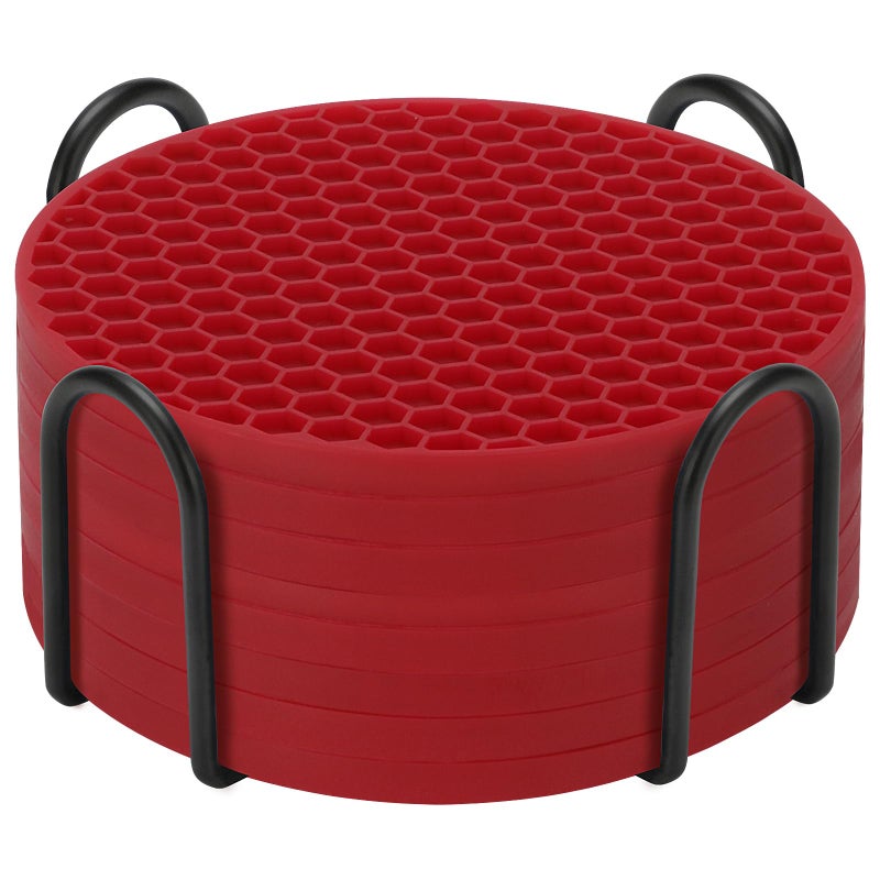 TWTLi Silicone Coasters Set of 8 with Holder Coasters for Drinks Beer Coffee Coasters Suitable for Kinds Cups Hot or Cold Anti-SLI Non-Stick Anti-Overflow Tabletop Protection and Decor (8 Pcs  Wine red) - Image 1
