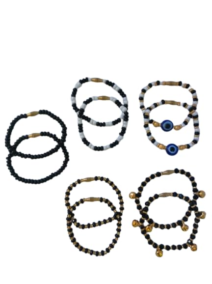 Nazariya Baby Bracelets, Traditional Evil Eye Protection, Set of 5 Pairs, Black and Gold Beaded Design  - Image 1