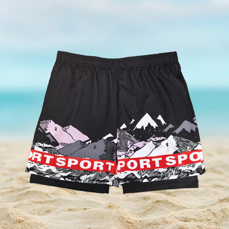 Generic Swimming trunks mens swimming trunks swimming cap swimming goggles hot spring anti-embarrassment quick-drying beach pants mens swimming equipment Ink Iceberg [Double Swim Trunks]] 