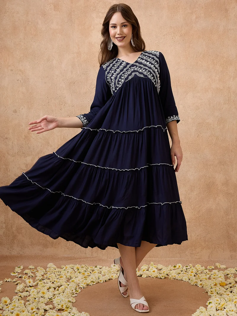 globus Women V-Neck Floral Embroidered Yoke Flared Hem Tiered Alia Cut A-Line Midi Ethnic Dress