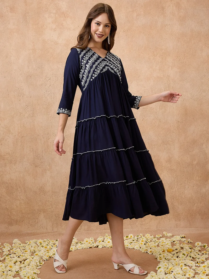 globus Women V-Neck Floral Embroidered Yoke Flared Hem Tiered Alia Cut A-Line Midi Ethnic Dress