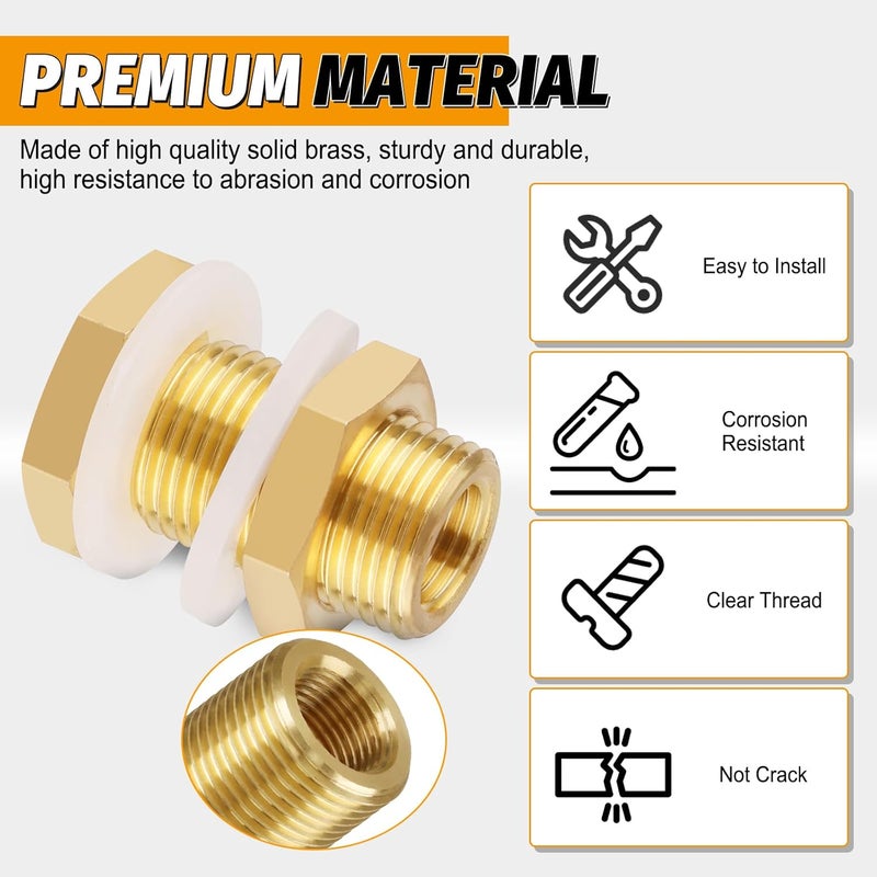KOOTANS KOOTNAS 2-Pack Solid Brass Bulkhead Fittings, 1/4 NPT Taper Female 3/4" Straight Male Thread Brass Water Tank Connector with 4 Rubber Rings and Silicone Rings, for Tank Body, Wooden Barrels, etc - Image 3