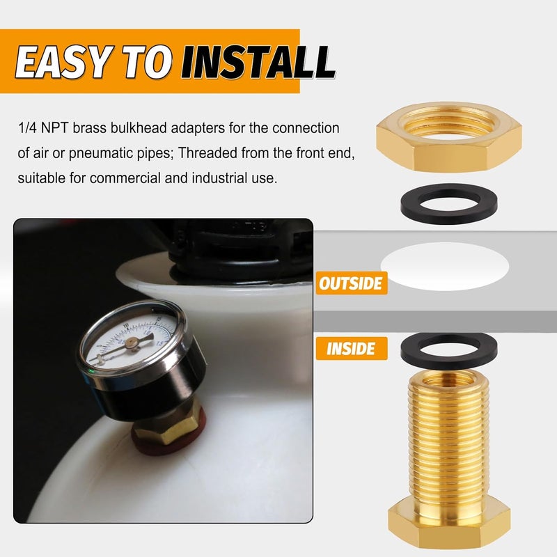 KOOTANS KOOTNAS 2-Pack Solid Brass Bulkhead Fittings, 1/4 NPT Taper Female 3/4" Straight Male Thread Brass Water Tank Connector with 4 Rubber Rings and Silicone Rings, for Tank Body, Wooden Barrels, etc - Image 5
