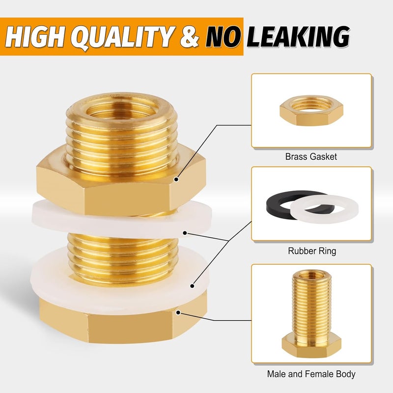 KOOTANS KOOTNAS 2-Pack Solid Brass Bulkhead Fittings, 1/4 NPT Taper Female 3/4" Straight Male Thread Brass Water Tank Connector with 4 Rubber Rings and Silicone Rings, for Tank Body, Wooden Barrels, etc - Image 4