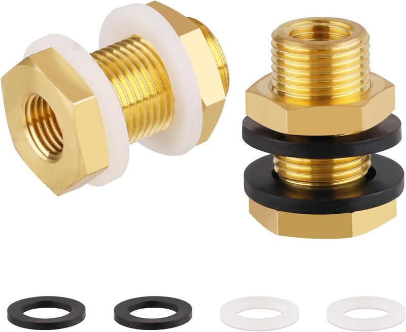 KOOTANS KOOTNAS 2-Pack Solid Brass Bulkhead Fittings, 1/4 NPT Taper Female 3/4" Straight Male Thread Brass Water Tank Connector with 4 Rubber Rings and Silicone Rings, for Tank Body, Wooden Barrels, etc - Image 1
