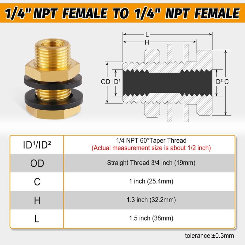 KOOTANS KOOTNAS 2-Pack Solid Brass Bulkhead Fittings, 1/4 NPT Taper Female 3/4" Straight Male Thread Brass Water Tank Connector with 4 Rubber Rings and Silicone Rings, for Tank Body, Wooden Barrels, etc - Image 2