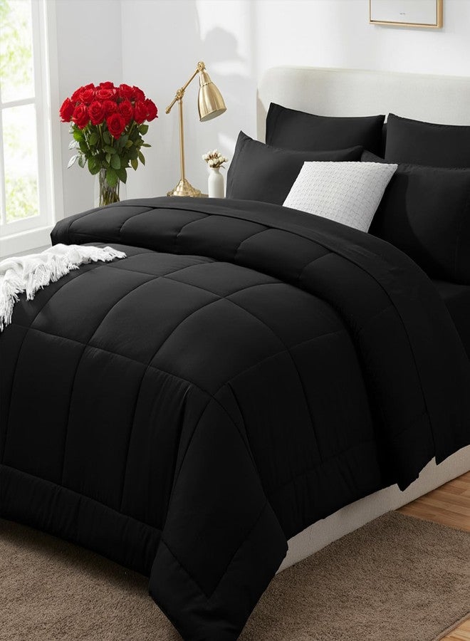 CozyLux طقم لحاف كوزي لوكس كوين أسود، 7 قطع، لحاف أسود مقاس كوين، أطقم مفروشات لجميع الفصول مع لحاف مبطن، شرشف مسطح، شرشف مطاطي، أغطية وسائد - Image 1