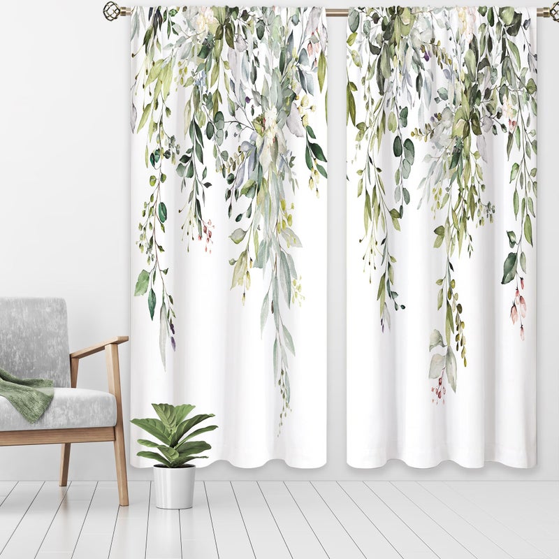 oolygoo Sage Green Eucalyptus Leaves Window Curtains Flower Watercolor Floral BotanicalPlant Wildflower Farmhouse Curtain Drapes Herb Curtains for Bedroom Living Room Treatment 2 Panels 52Wx84H Inch - Image 2