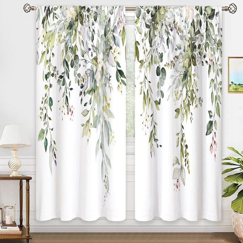 oolygoo Sage Green Eucalyptus Leaves Window Curtains Flower Watercolor Floral BotanicalPlant Wildflower Farmhouse Curtain Drapes Herb Curtains for Bedroom Living Room Treatment 2 Panels 52Wx84H Inch - Image 1