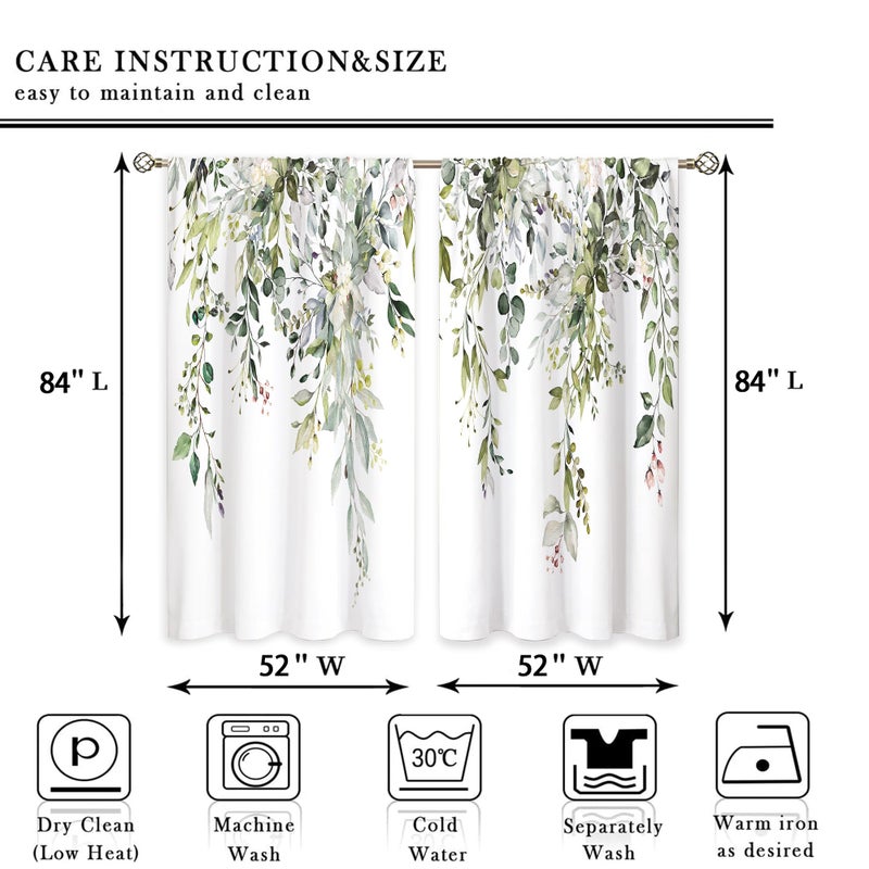 oolygoo Sage Green Eucalyptus Leaves Window Curtains Flower Watercolor Floral BotanicalPlant Wildflower Farmhouse Curtain Drapes Herb Curtains for Bedroom Living Room Treatment 2 Panels 52Wx84H Inch - Image 3