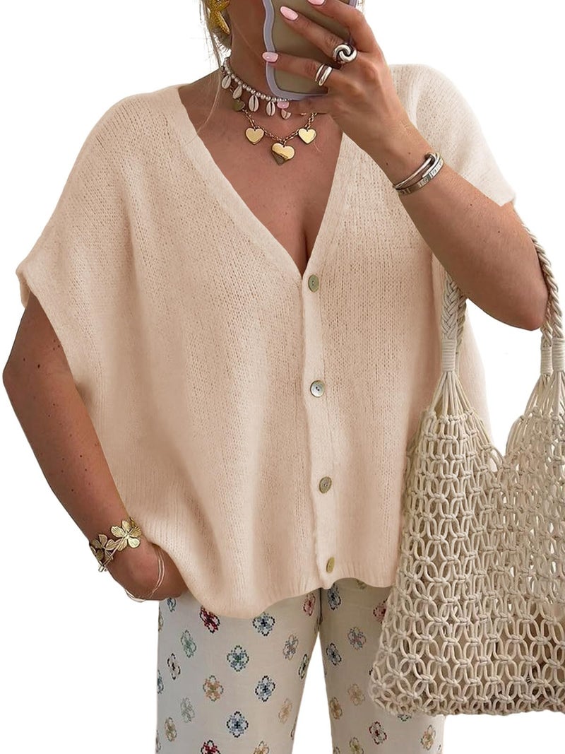 Saodimallsu Womens Spring Oversized Cardigans Batwing Short Sleeve Lightweight Button V Neck Casual Knit Sweater Tops Apricot - Image 1