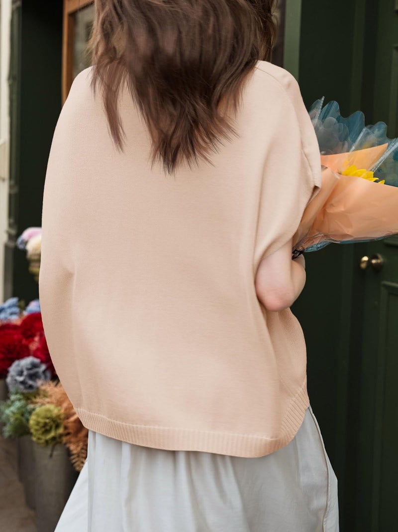 Saodimallsu Womens Spring Oversized Cardigans Batwing Short Sleeve Lightweight Button V Neck Casual Knit Sweater Tops Apricot - Image 5