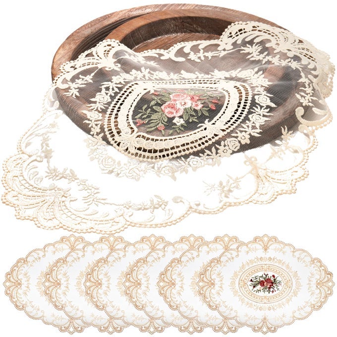 6 PACK RETRO FRENCH STYLE LACE PLACEMATS EMBROIDERED CROCHET LACE PLACEMAT VINTAGE VICTORIAN DECOR CUP MAT FOR COQUETTE ROOM DECOR FRENCH COUNTRY DECOR 12X16 BEIGE OVAL