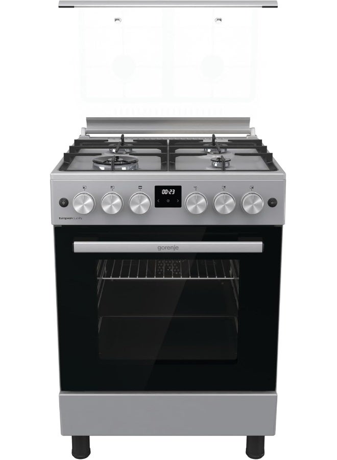 Gorenje 60 cm Freestanding Combi Cooker GK6C40S – 4-Burner Gas Hob & 71L Fan-Assisted Electric Oven with AquaClean & Cast Iron Pan Supports GK6C40S silver - Image 1
